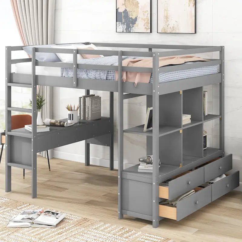 Full Pine Wood Loft Bed with Desk and Storage