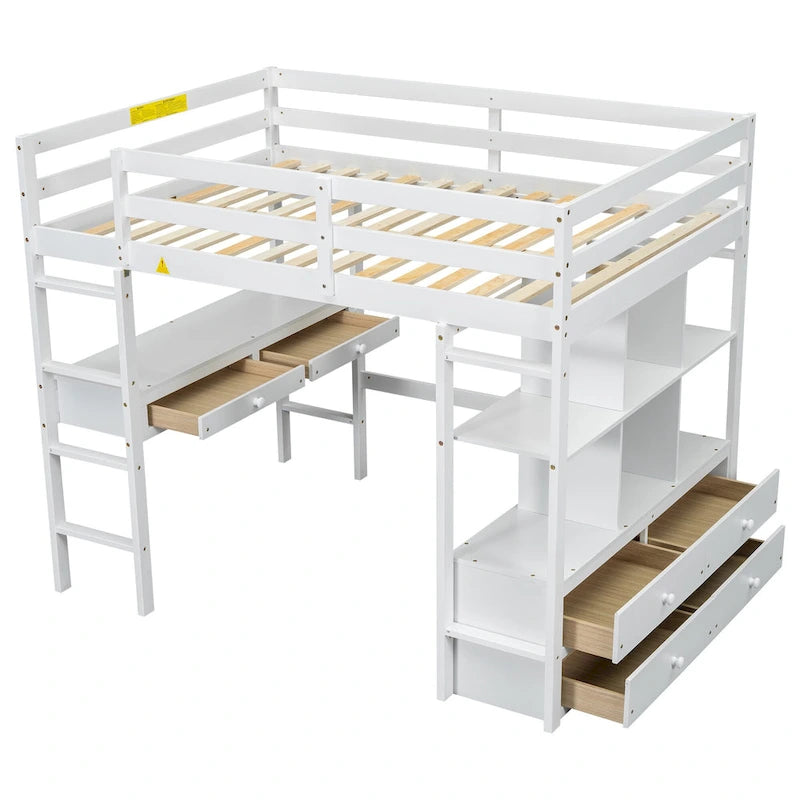 Full Pine Wood Loft Bed with Desk and Storage