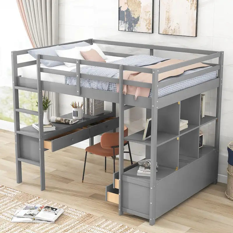 Full Pine Wood Loft Bed with Desk and Storage