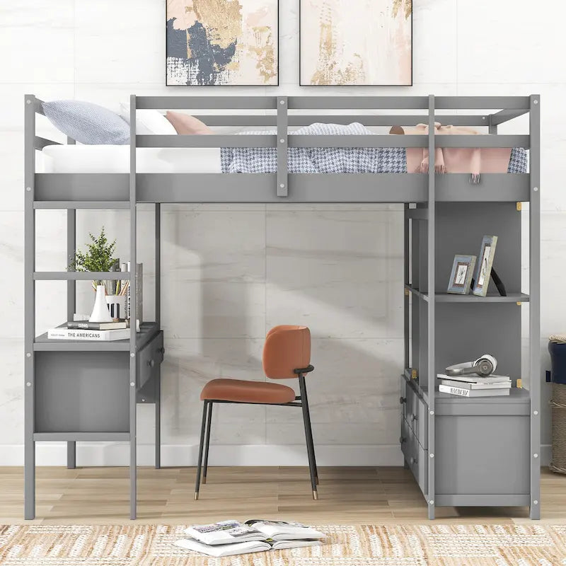 Full Pine Wood Loft Bed with Desk and Storage