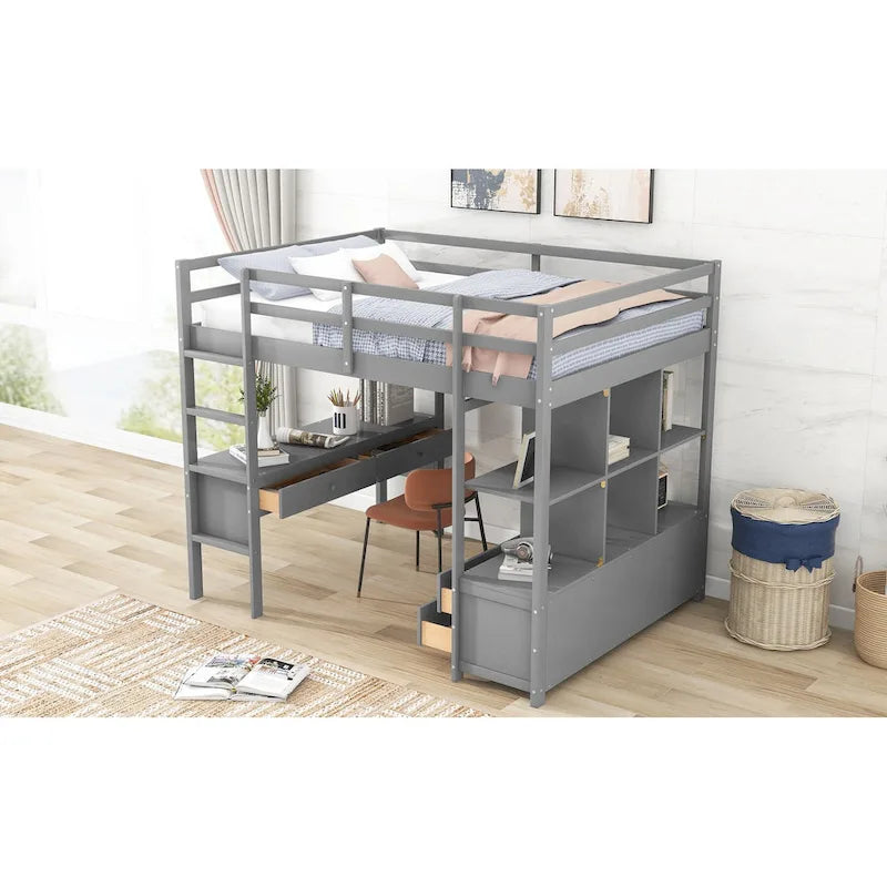 Full Pine Wood Loft Bed with Desk and Storage