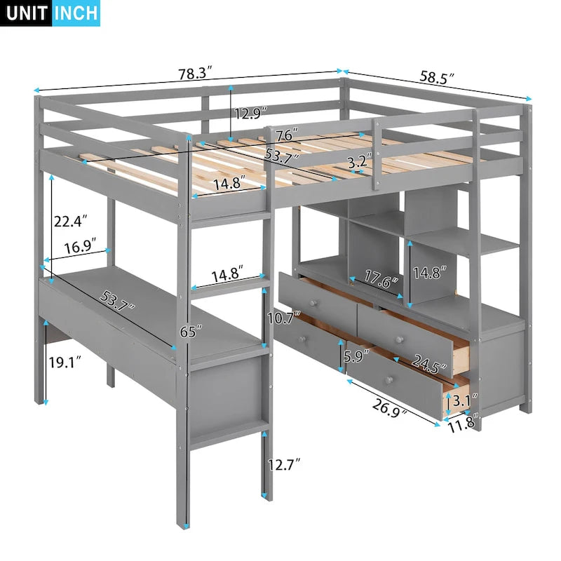 Full Pine Wood Loft Bed with Desk and Storage