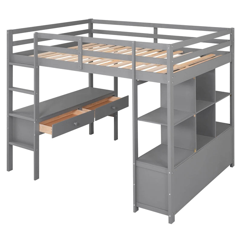 Full Pine Wood Loft Bed with Desk and Storage