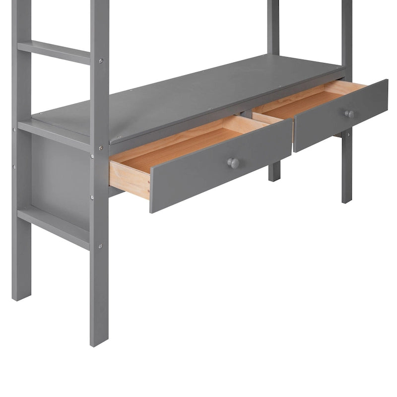 Full Pine Wood Loft Bed with Desk and Storage