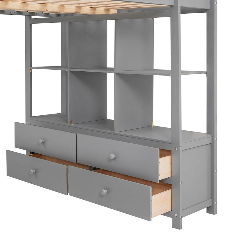 Full Pine Wood Loft Bed with Desk and Storage