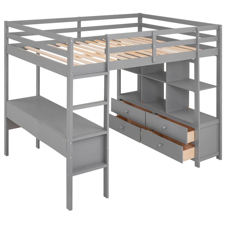 Full Pine Wood Loft Bed with Desk and Storage