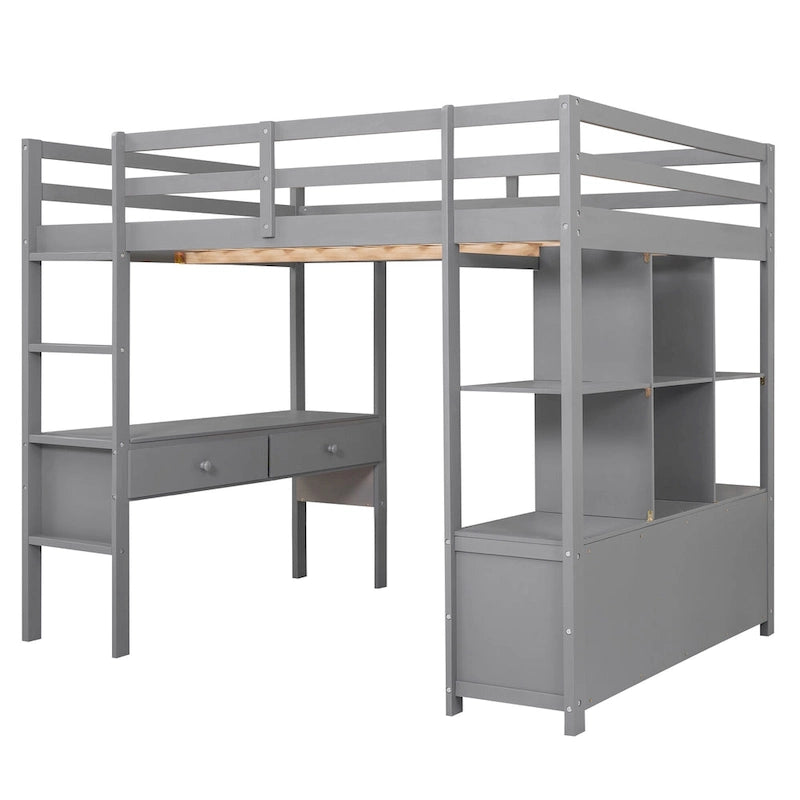 Full Pine Wood Loft Bed with Desk and Storage