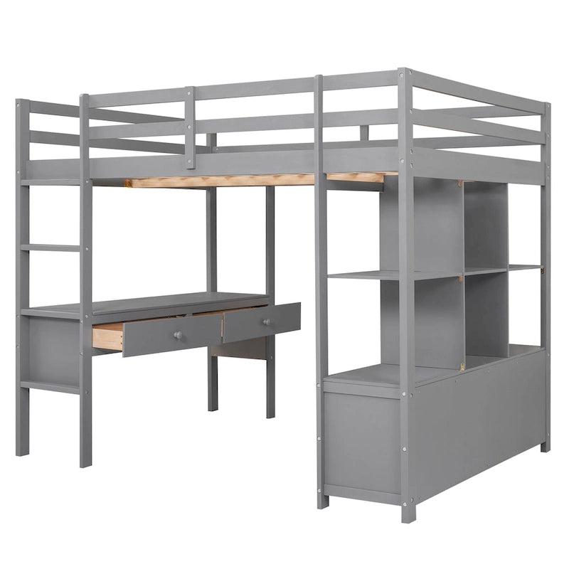 Full Pine Wood Loft Bed with Desk and Storage