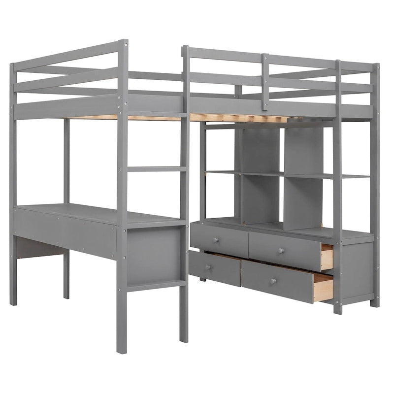 Full Pine Wood Loft Bed with Desk and Storage
