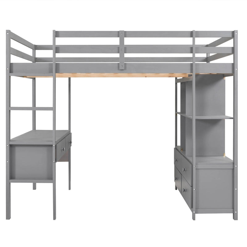 Full Pine Wood Loft Bed with Desk and Storage