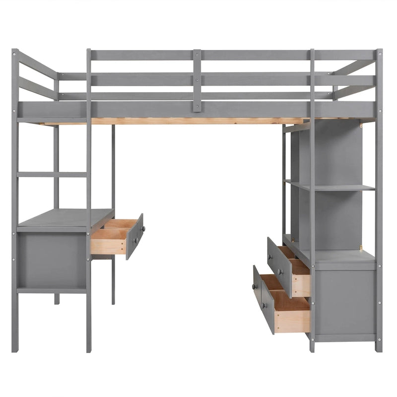 Full Pine Wood Loft Bed with Desk and Storage