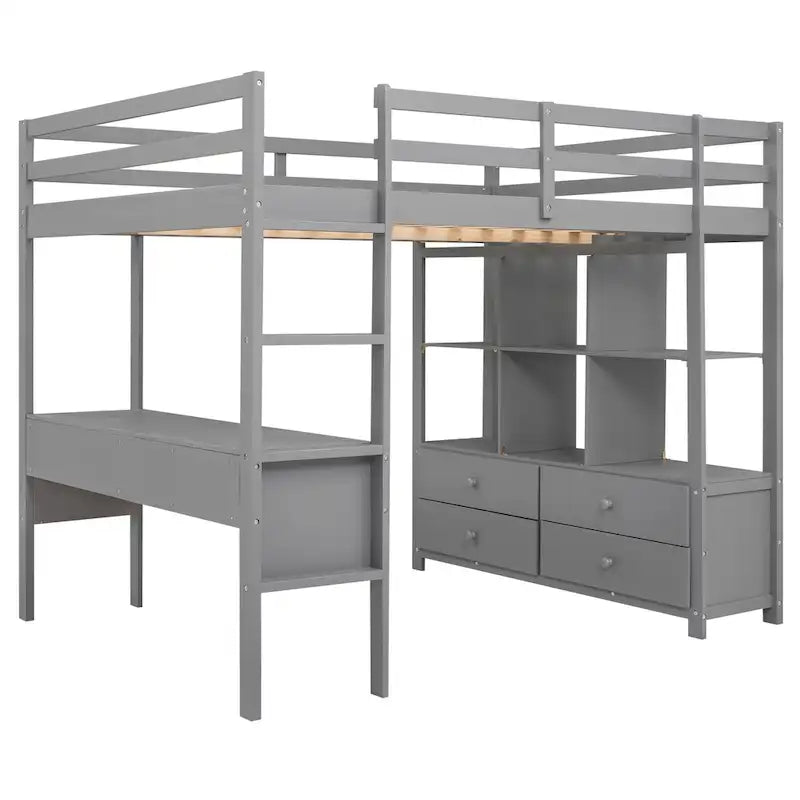 Full Pine Wood Loft Bed with Desk and Storage