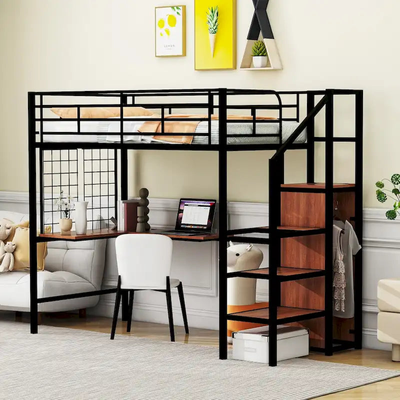 Black Twin Metal Loft Bed with Wardrobe and Desk