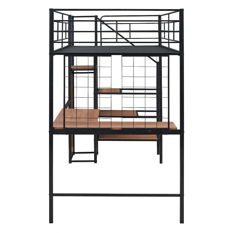 Black Twin Metal Loft Bed with Wardrobe & Desk