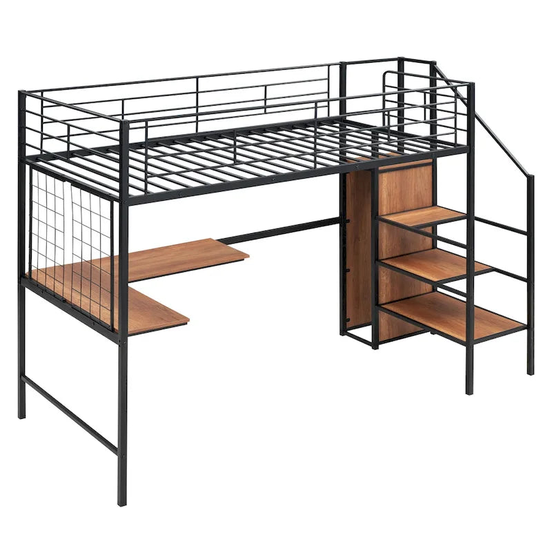 Black Twin Metal Loft Bed with Wardrobe and Desk