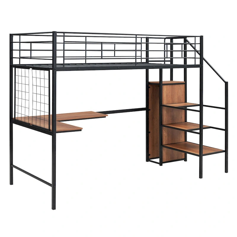 Black Twin Metal Loft Bed with Wardrobe and Desk