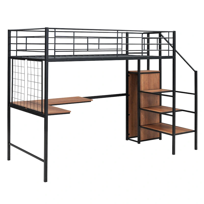 Black Twin Metal Loft Bed with Wardrobe and Desk