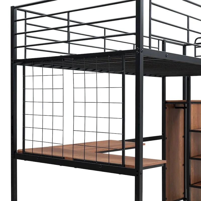 Black Twin Metal Loft Bed with Wardrobe and Desk