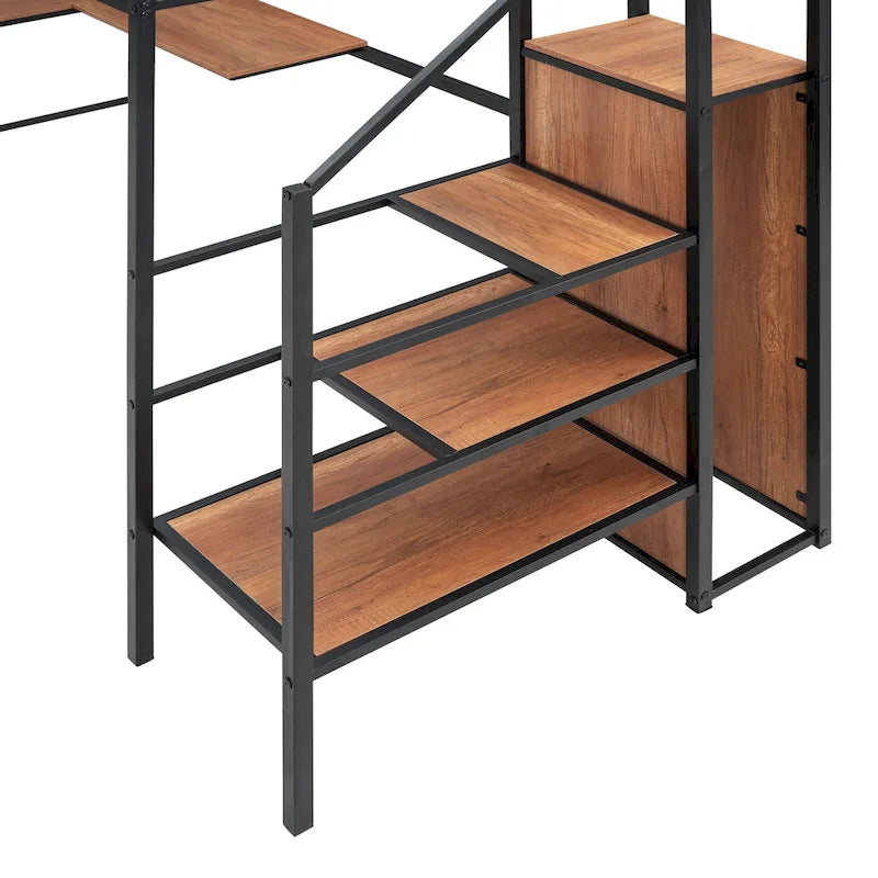 Black Twin Metal Loft Bed with Wardrobe and Desk