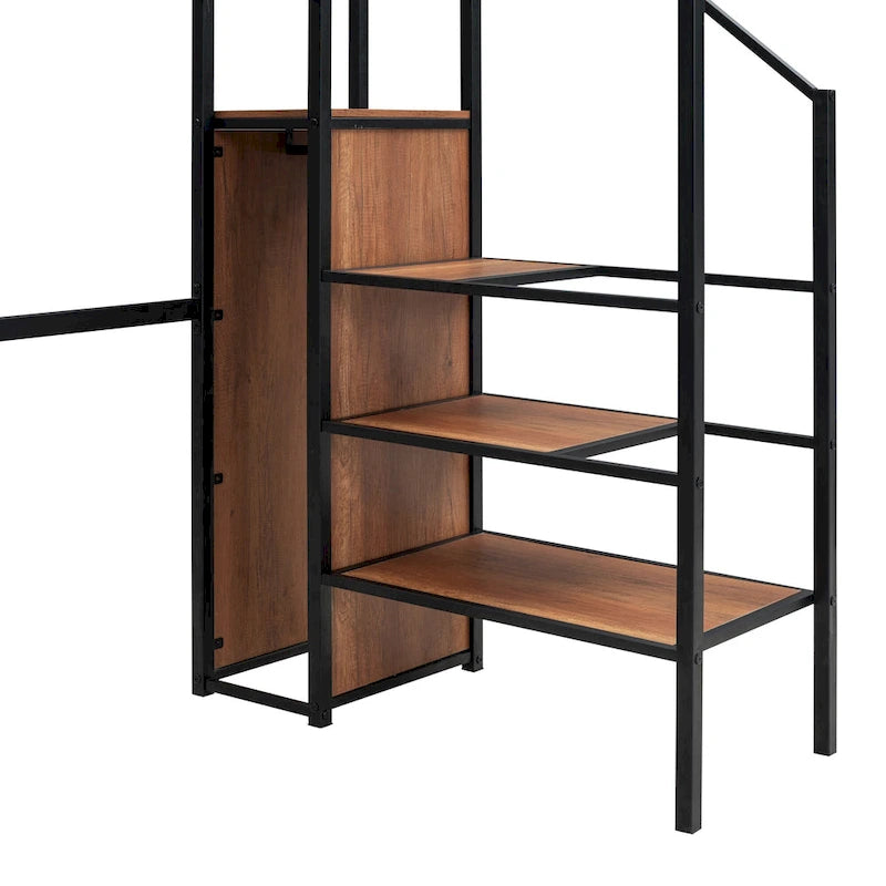 Black Twin Metal Loft Bed with Wardrobe and Desk