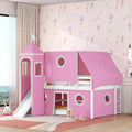 Full Wood House Loft Bed with Slide and Tent for Kids