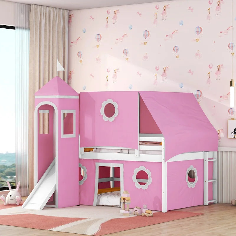Full Wood House Loft Bed with Slide and Tent for Kids