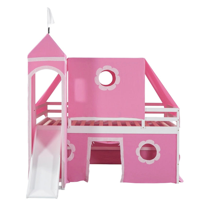 Full Size Cute Wood House Loft Bed with Slide & Tent