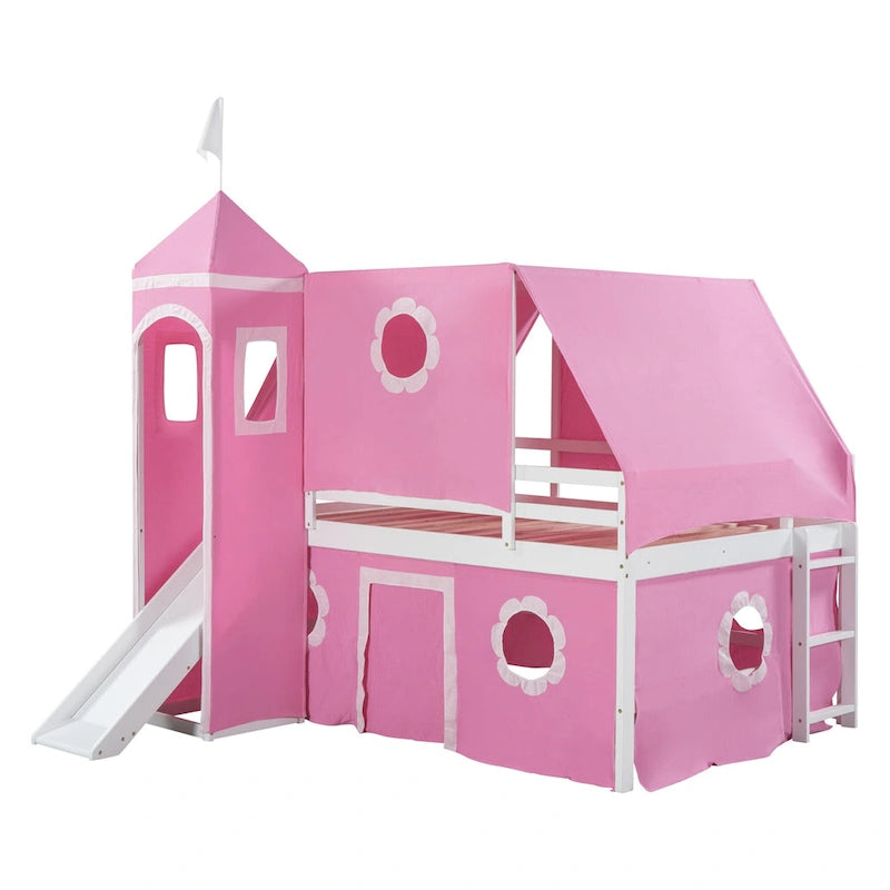 Full Wood House Loft Bed with Slide and Tent for Kids