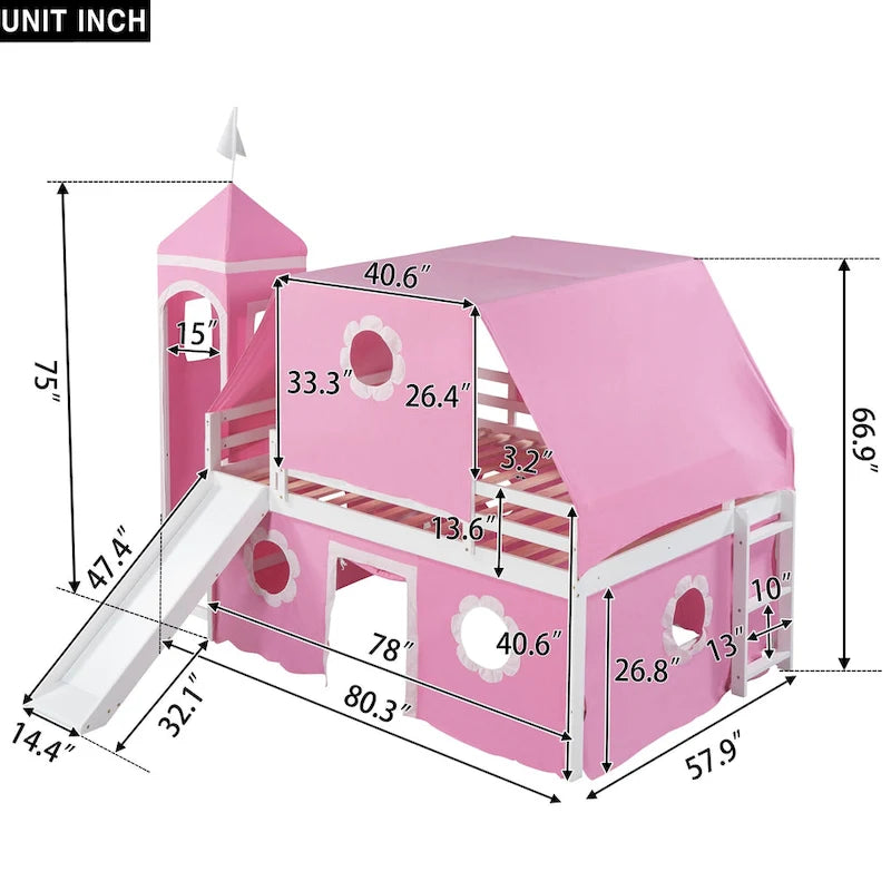Full Wood House Loft Bed with Slide and Tent for Kids
