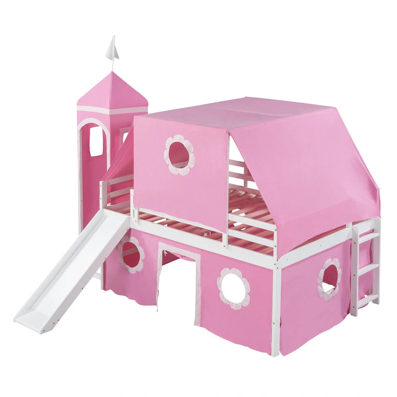 Full Wood House Loft Bed with Slide and Tent for Kids