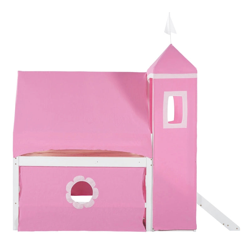 Full Wood House Loft Bed with Slide and Tent for Kids