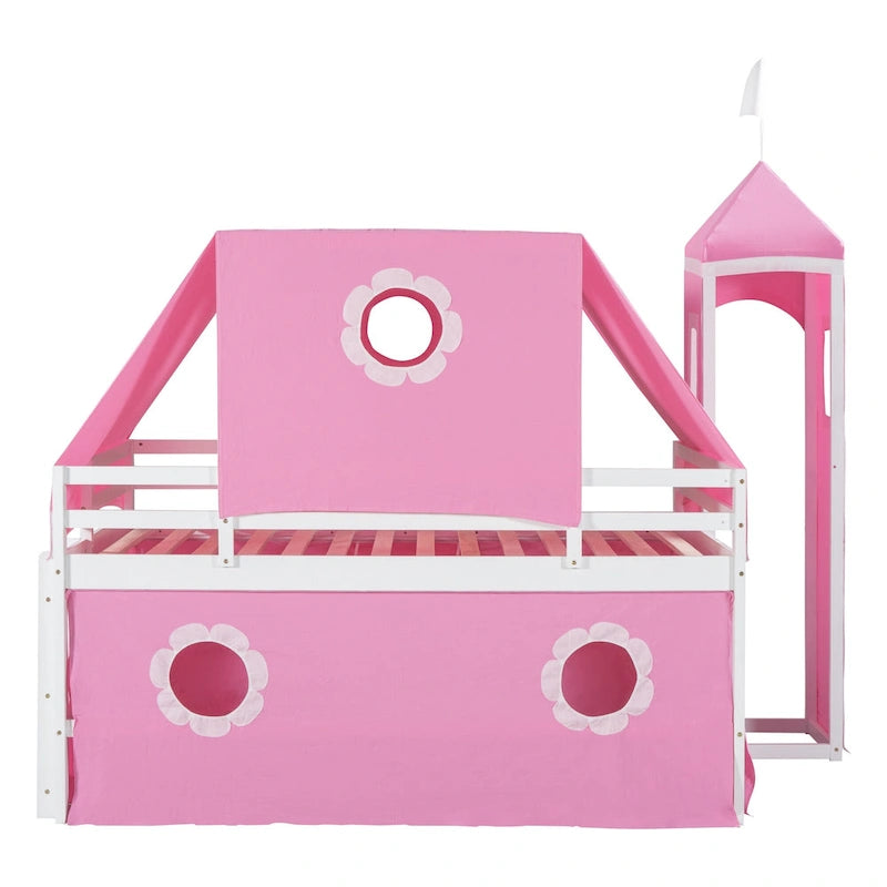 Full Wood House Loft Bed with Slide and Tent for Kids