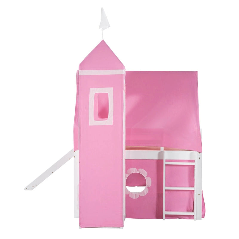 Full Wood House Loft Bed with Slide and Tent for Kids