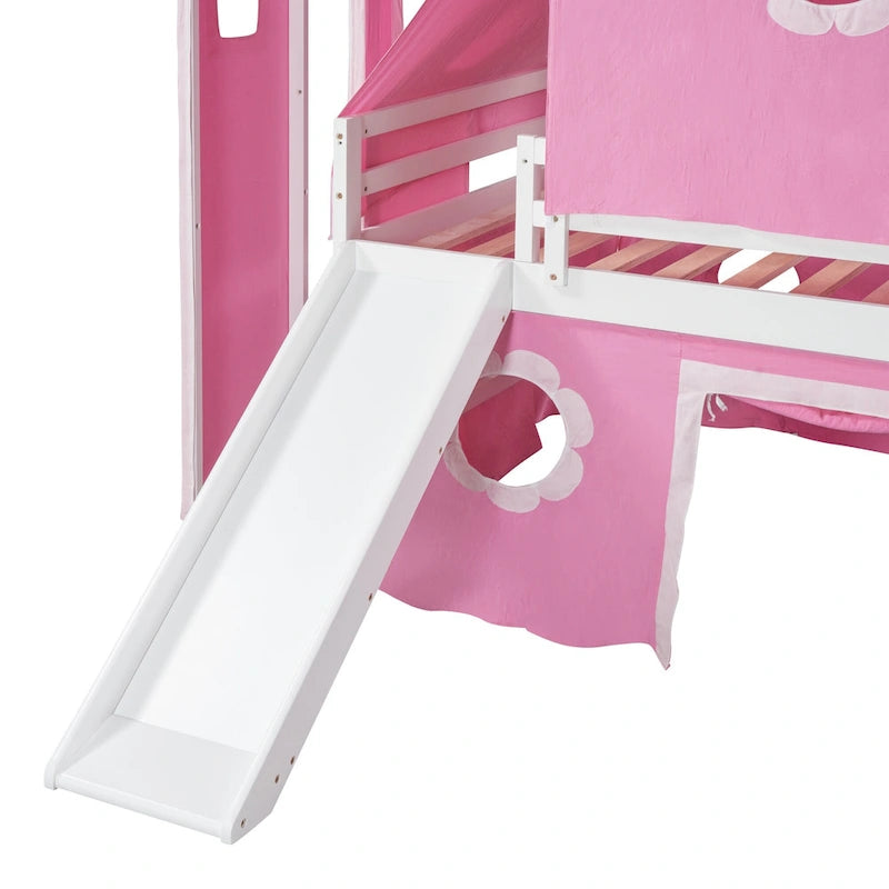 Full Wood House Loft Bed with Slide and Tent for Kids