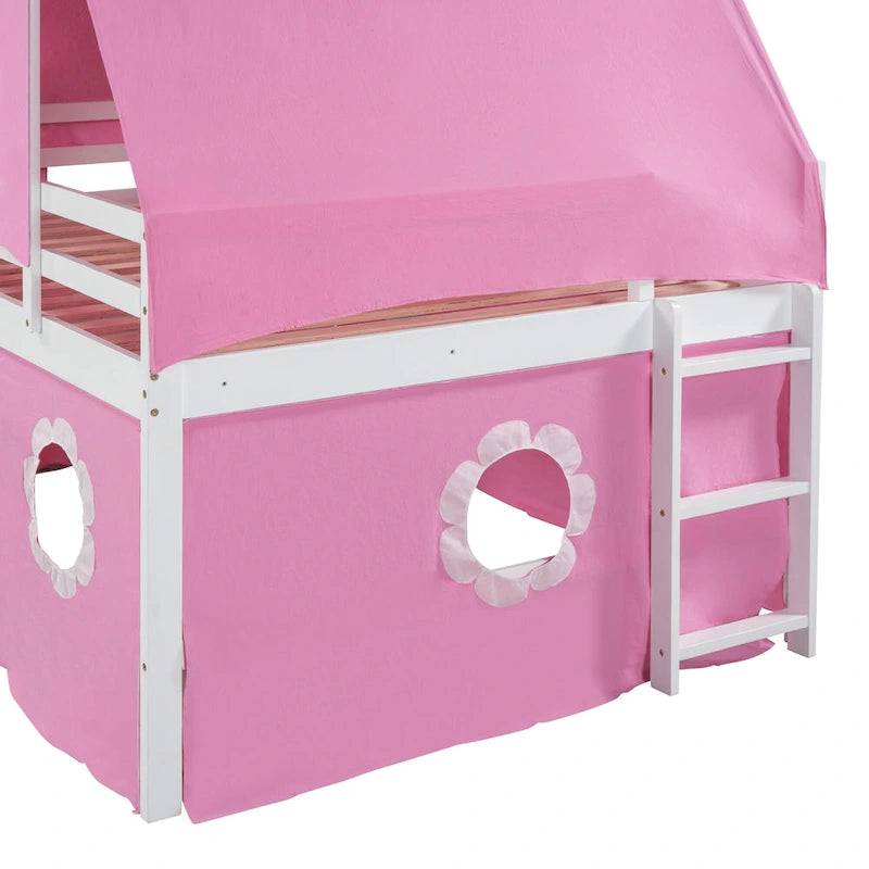 Full Wood House Loft Bed with Slide and Tent for Kids