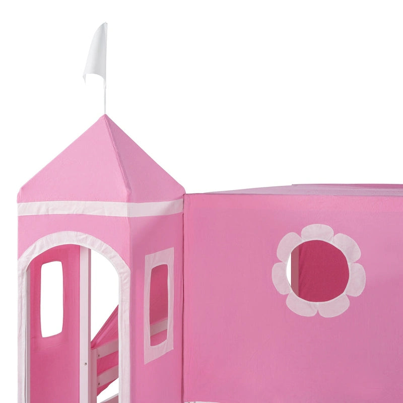 Full Wood House Loft Bed with Slide and Tent for Kids