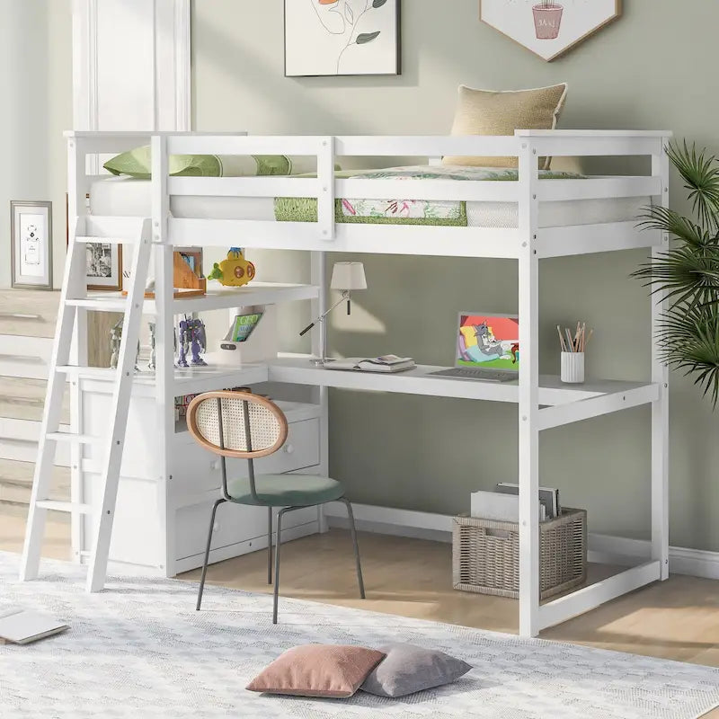 Modern Pine Loft Bed with Desk, Shelves, and Storage Drawers