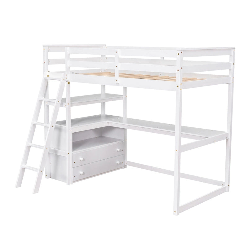 Modern Pine Loft Bed with Desk and Drawers