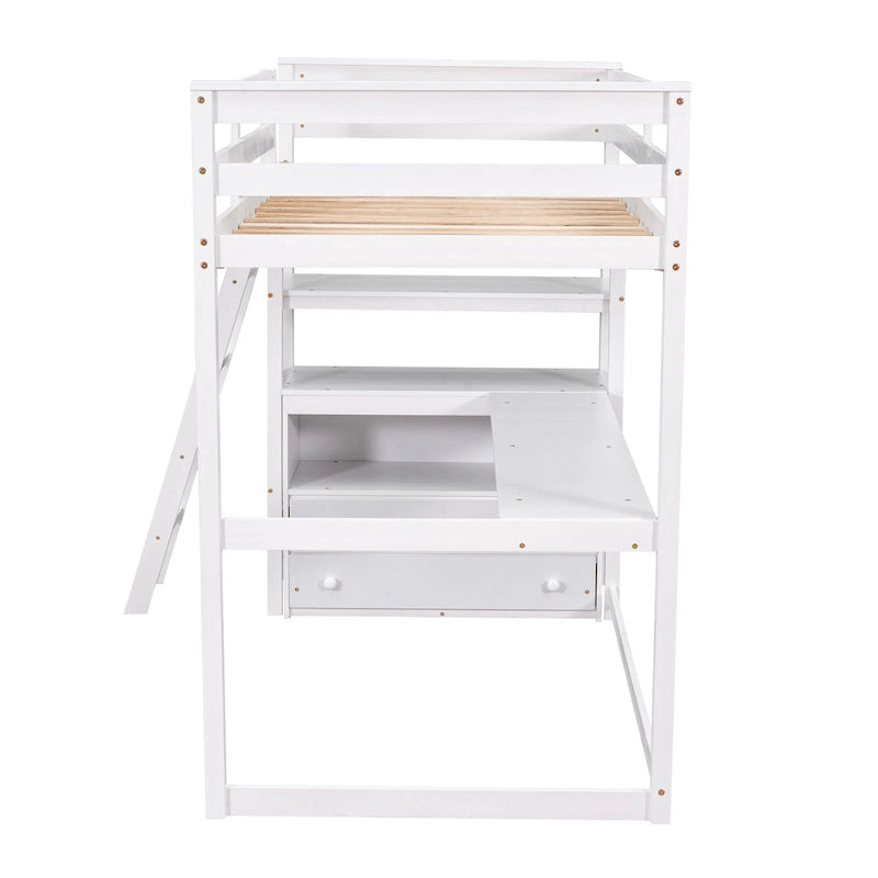 Modern Pine Loft Bed with Desk, Shelves, and Storage Drawers