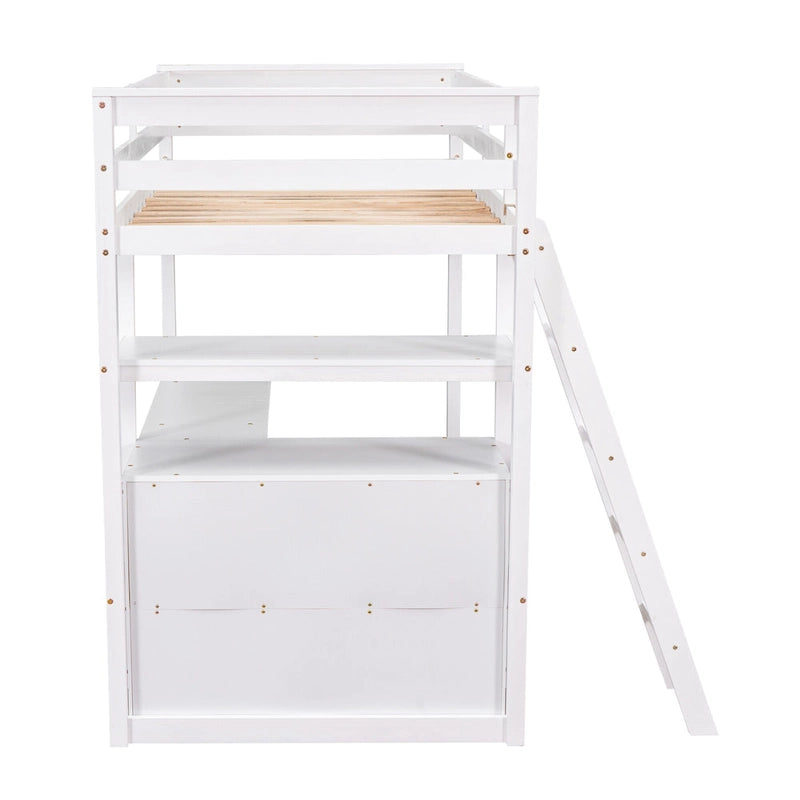 Modern Pine Loft Bed with Desk, Shelves, and Storage Drawers