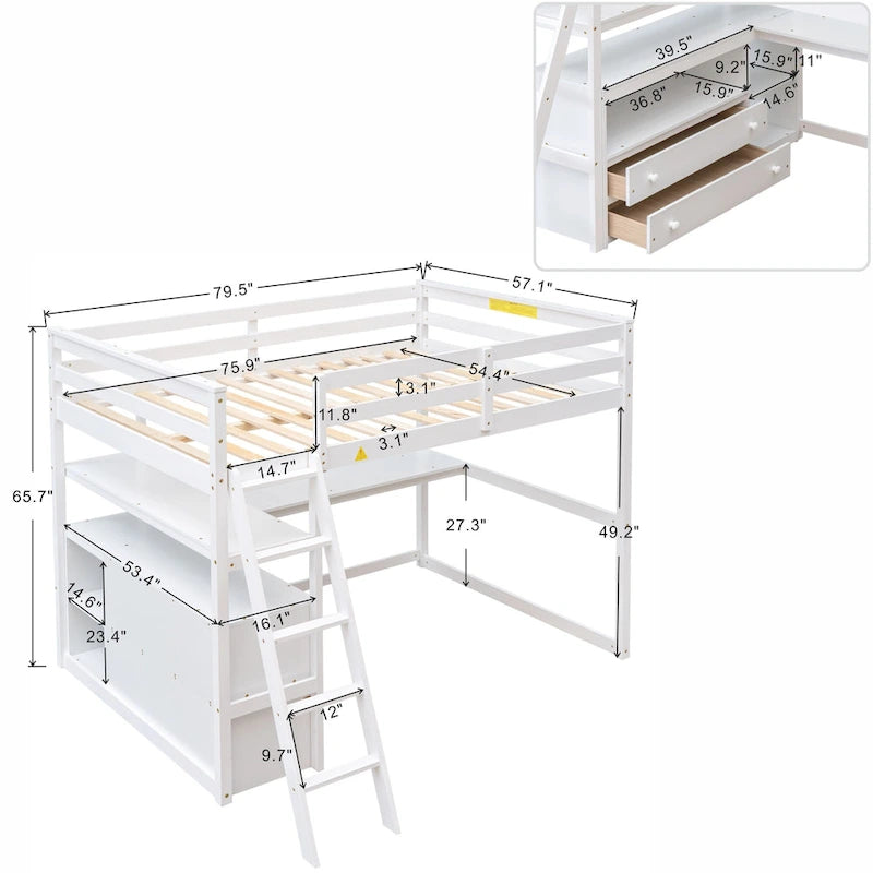 Modern Pine Loft Bed with Desk, Shelves, and Storage Drawers