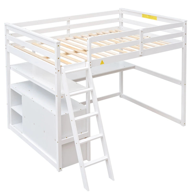 Modern Pine Loft Bed with Desk, Shelves, and Storage Drawers