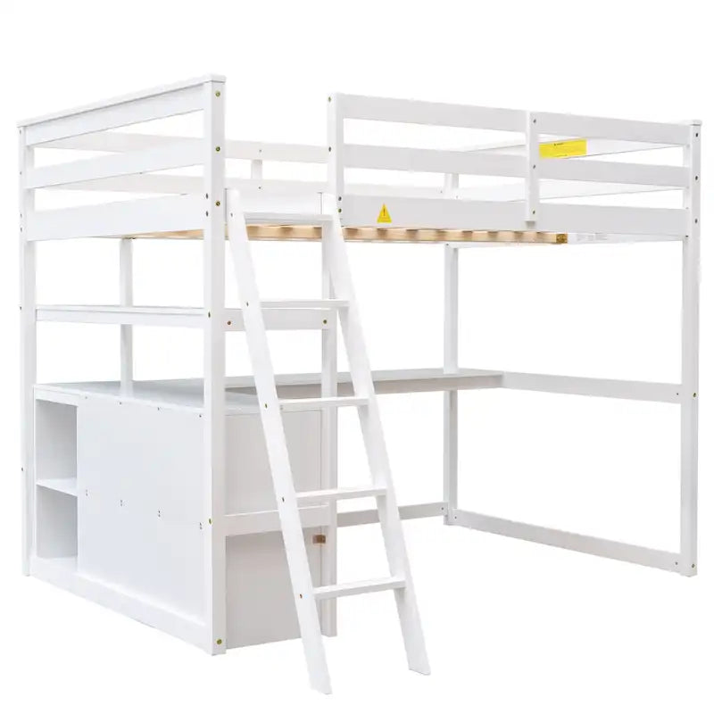 Modern Pine Loft Bed with Desk, Shelves, and Storage Drawers