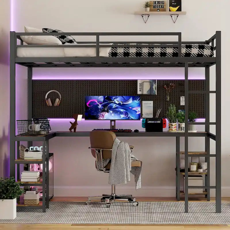 Full XL Size Metal Loft Bed with Desk, Shelves & Guardrails