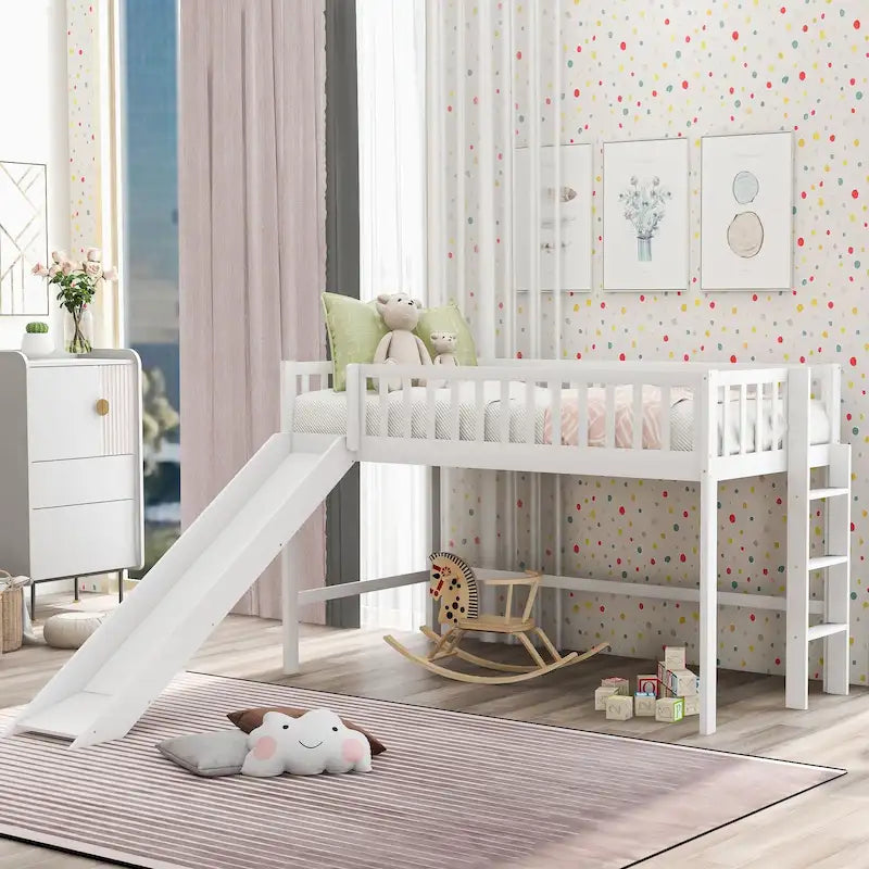 White Twin Wood Low Loft Bed with Slide