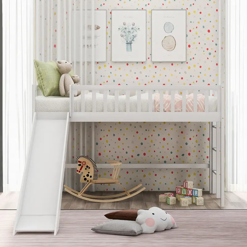 White Twin Wood Low Loft Bed with Slide