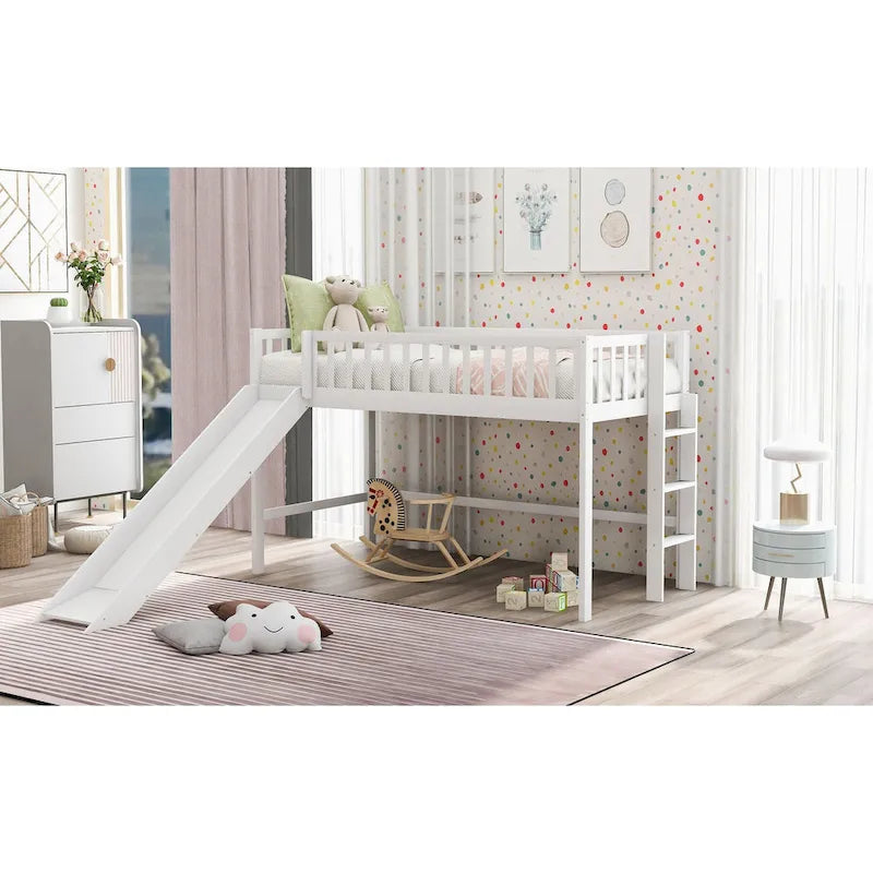 White Twin Wood Low Loft Bed with Slide