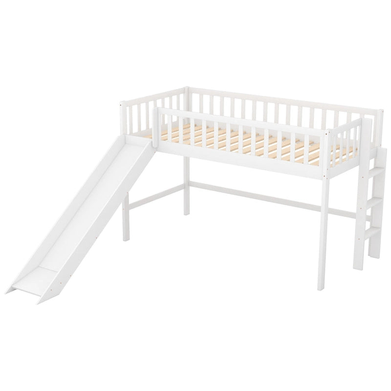 White Twin Wood Low Loft Bed with Slide