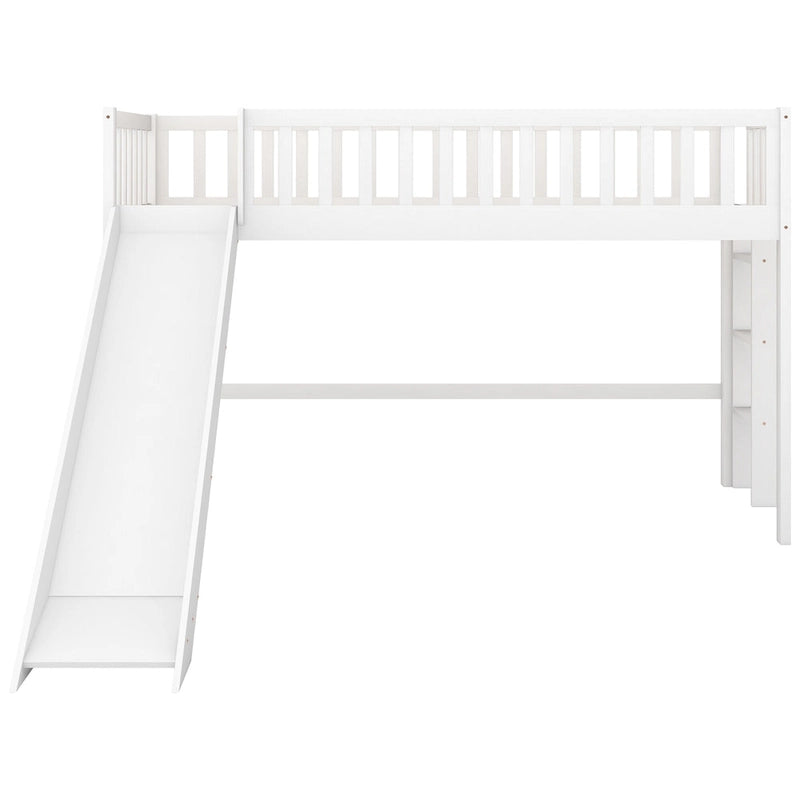 White Twin Wood Low Loft Bed with Slide
