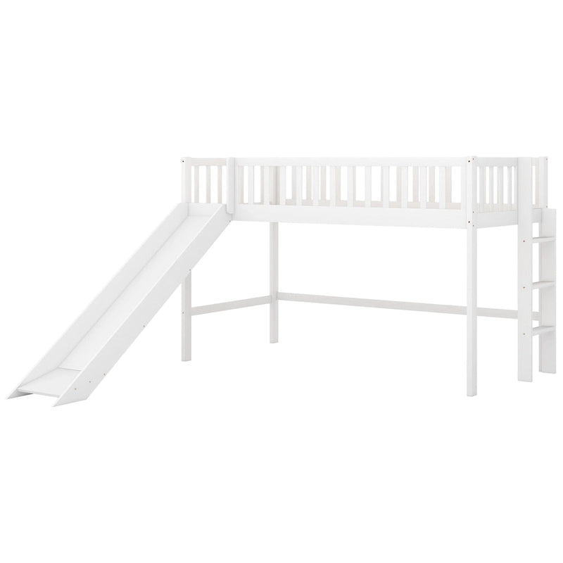 White Twin Wood Low Loft Bed with Slide